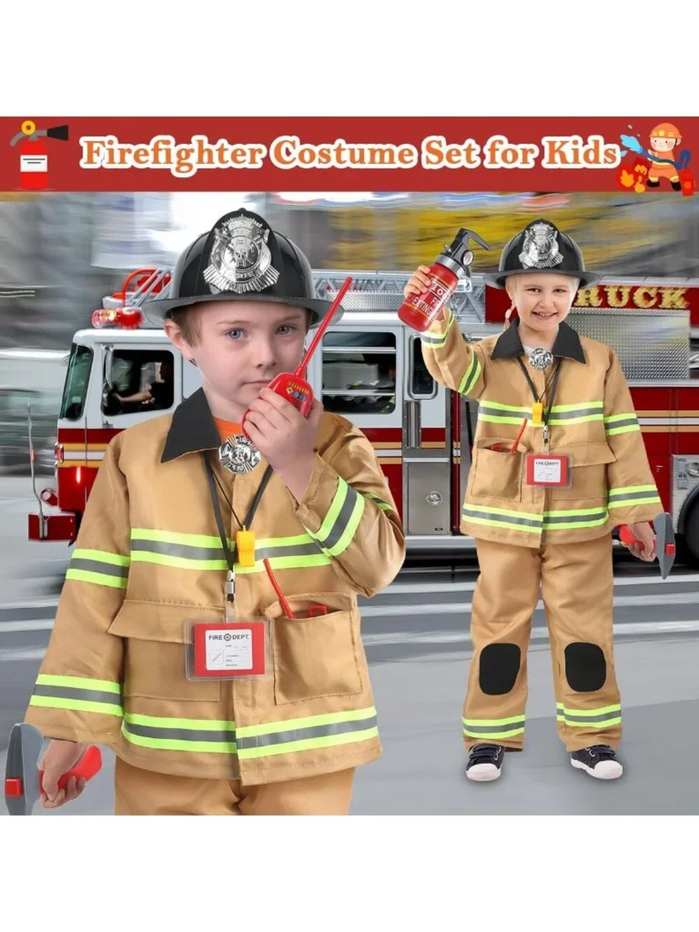 Kids Firefighter Costume with Toy Accessories | Toddler Dress Up Outfit 2-7